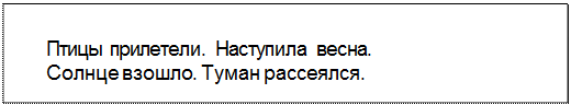 Text Box: Птицы прилетели. Наступила весна. Солнце взошло. Туман рассеялся.