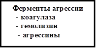 Ферменты агрессии
     - коагулаза
     - гемолизин
      - агрессины



лейкоцидин
гиуронидаза
