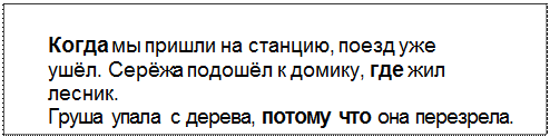 Text Box: Когда мы пришли на станцию, поезд уже ушёл. Серёжа подошёл к домику, где жил лесник.
Груша упала с дерева, потому что она перезрела.
