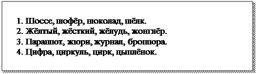 Надпись: 1. Шоссе, шофёр, шоколад, шёлк.
2. Жёлтый, жёсткий, жёлудь, жонглёр.
3. Парашют, жюри, журнал, брошюра.
4. Цифра, циркуль, цирк, цыплёнок.

