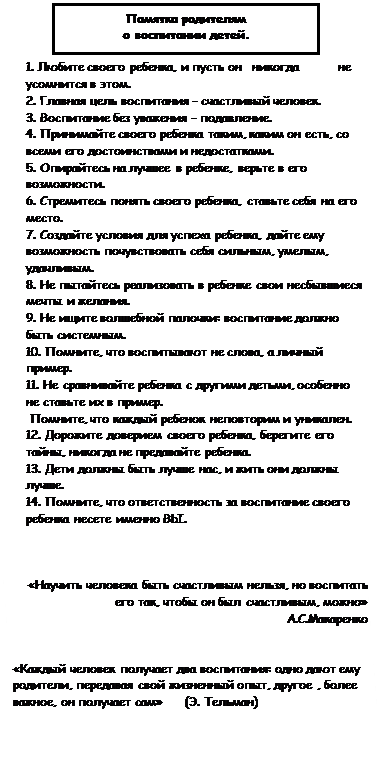 Надпись: «Научить человека быть счастливым нельзя, но воспитать его так, чтобы он был счастливым, можно»                                               А.С.Макаренко


«Каждый человек получает два воспитания: одно дают ему родители, передавая свой жизненный опыт, другое , более важное, он получает сам»      (Э. Тельман)
 


