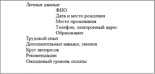 Личные данные:
ФИО
Дата и место рождения
Место проживания
Телефон, электронный адрес
Образование
Трудовой опыт
Дополнительные навыки, умения.
Круг интересов
Рекомендации
Ожидаемый уровень оплаты
