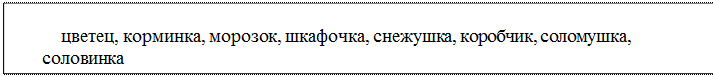 Надпись: цветец, корминка, морозок, шкафочка, снежушка, коробчик, соломушка, соловинка