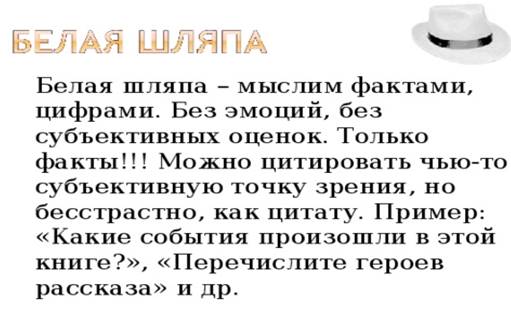 Белая шляпа – мыслим фактами, цифрами. Без эмоций, без субъективных оценок. Только факты!!! Можно цитировать чью-то субъективную точку зрения, но бесстрастно, как цитату. Пример: «Какие события произошли в этой книге?», «Перечислите героев рассказа» и др.