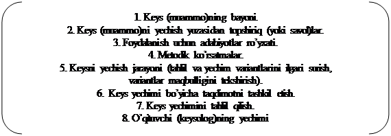 Двойные круглые скобки: 1. Keys (muammo)ning bayoni.
2. Keys (muammo)ni yechish yuzasidan topshiriq (yoki savol)lar.
3. Foydalanish uchun adabiyotlar ro’yxati.
4. Metodik ko’rsatmalar.
5. Keysni yechish jarayoni (tahlil va yechim variantlarini ilgari surish, 
variantlar maqbulligini tekshirish).
6.  Keys yechimi bo’yicha taqdimotni tashkil etish.
7. Keys yechimini tahlil qilish.
8. O’qituvchi (keysolog)ning yechimi

