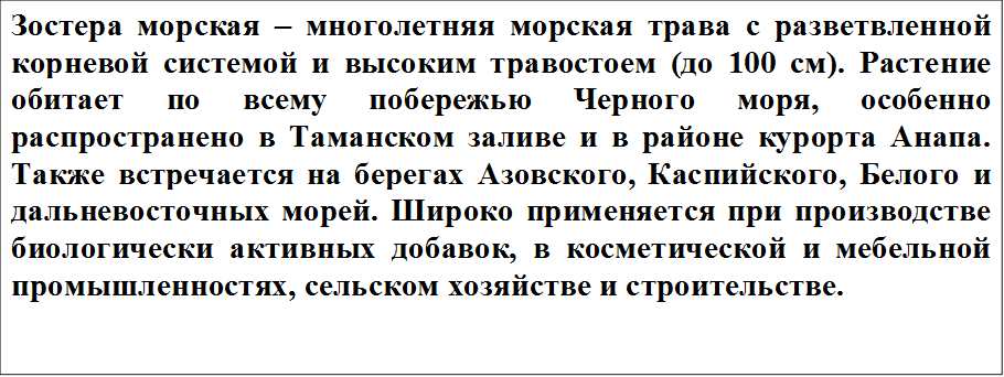 Зостера морская – многолетняя морская трава с разветвленной корневой системой и высоким травостоем (до 100 см). Растение обитает по всему побережью Черного моря, особенно распространено в Таманском заливе и в районе курорта Анапа. Также встречается на берегах Азовского, Каспийского, Белого и дальневосточных морей. Широко применяется при производстве биологически активных добавок, в косметической и мебельной промышленностях, сельском хозяйстве и строительстве.