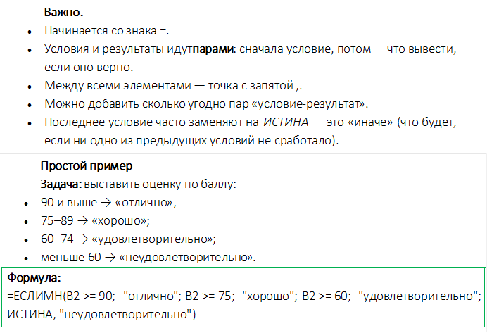 Важно:
•	Начинается со знака =.
•	Условия и результаты идут парами: сначала условие, потом — что выве-сти, если оно верно.
•	Между всеми элементами — точка с запятой ;.
•	Можно добавить сколько угодно пар «условие результат».
•	Последнее условие часто заменяют на ИСТИНА — это «иначе» (что будет, если ни одно из предыдущих условий не сработало).

,Простой пример
Задача: выставить оценку по баллу:
•	90 и выше → «отлично»;
•	75–89 → «хорошо»;
•	60–74 → «удовлетворительно»;
•	меньше 60 → «неудовлетворительно».
Формула:
=ЕСЛИМН(B2 >= 90; "отлично"; B2 >= 75; "хорошо"; B2 >= 60; "удовлетворительно"; ИСТИНА; "неудовлетворительно")
