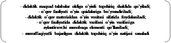 Двойные круглые скобки: - didaktik maqsad talabalar oldiga o’yinli topshiriq shaklida qo’yiladi;
- o’quv faoliyati o’yin qoidalariga bo’ysundiriladi;
- didaktik o’quv materialdan o’yin vositasi sifatida foydalaniladi;
- o’quv faoliyatida didaktik vazifani o’yin vazifasiga
 aylantiruvchi musobaqa elementi qo’llaniladi;
-  muvaffaqiyatli bajarilgan didaktik topshiriq o’yin natijasi sanaladi
