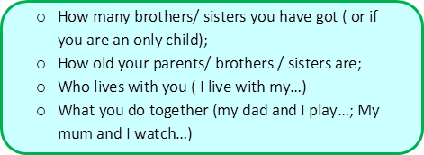 o	How many brothers/ sisters you have got ( or if you are an only child);
o	How old your parents/ brothers / sisters are;
o	Who lives with you ( I live with my…)
o	What you do together (my dad and I play…; My mum and I watch…)

