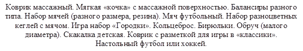 Коврик массажный. Мягкая «кочка» с массажной поверхностью. Балансиры разного типа. Набор мячей (разного размера, резина). Мяч футбольный. Набор разноцветных кеглей с мячом. Игра набор «Городки». Кольцеброс. Бирюльки. Обруч (малого диаметра). Скакалка детская. Коврик с разметкой для игры в «классики». Настольный футбол или хоккей.