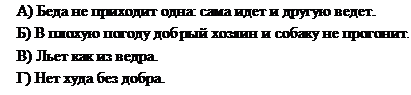 Надпись: А) Беда не приходит одна: сама идет и другую ведет.
Б) В плохую погоду добрый хозяин и собаку не прогонит.
В) Льет как из ведра.
Г) Нет худа без добра.
 
