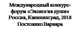 Надпись: Международный конкурс-форум «Экология души» 
Россия, Калининград, 2018 
Постоялко Варвара
