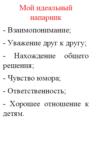 Мой идеальный напарник
- Взаимопонимание;
- Уважение друг к другу;
- Нахождение общего решения;
- Чувство юмора;
- Ответственность;
- Хорошее отношение к детям.
