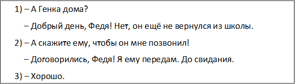 1) – А Генка дома?
– Добрый день, Федя! Нет, он ещё не вернулся из школы. 
2) – А скажите ему, чтобы он мне позвонил!
– Договорились, Федя! Я ему передам. До свидания.
3) – Хорошо.

