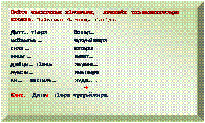 Багетная рамка: Нийса чаккхенаш х1иттаеш,  дешнийн  цхьаьнакхетарш кхолла. Нийсаалар бакъонца ч1аг1де.
Дитт…  т1ера                  болар…
исбаьхьа …                     чувуьйжира           
сиха …                              патарш        
зезаг …                              амат…   
дийца…  т1ехь                хьуьнх…                         
луьста…                            лаьттара                            
хи…     йистехь…             язда…  .  
                                                  +
Кеп.    Дитта    т1ера  чувуьйжира.                                                   
