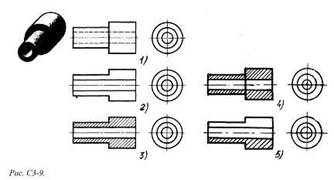 На каком из пяти чертежей выполнен правильно разрез детали, показанной на изображении (см. Рис. С3-9)
