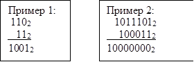 Пример 1:		Пример 2:
1102		10111012
   112		 	1000112
10012		100000002

