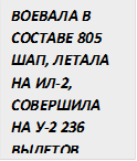 ВОЕВАЛА В СОСТАВЕ 805 ШАП, ЛЕТАЛА НА ИЛ-2, СОВЕРШИЛА НА У-2 236 ВЫЛЕТОВ 

