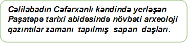 Cəlilabadın Cəfərxanlı kəndində yerləşən Paşatəpə tarixi abidəsində növbəti arxeoloji qazıntılar zamanı  tapılmış  sapan  daşları.

