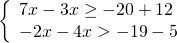 \[\left\{ \begin{array}{l} 7x - 3x \ge - 20 + 12\\ - 2x - 4x > - 19 - 5 \end{array} \right.\]