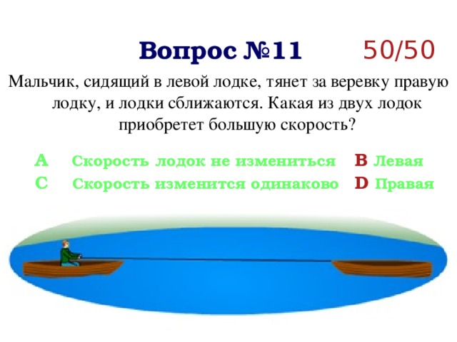 Вопрос №11 50/50 Мальчик, сидящий в левой лодке, тянет за веревку правую лодку, и лодки сближаются. Какая из двух лодок приобретет большую скорость? A  Скорость лодок не измениться  B  Левая C  Скорость изменится одинаково  D  Правая