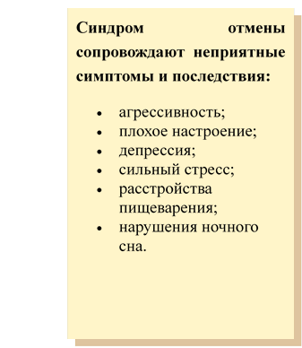 Состав

,Синдром отмены сопровождают неприятные симптомы и последствия:
•	агрессивность;
•	плохое настроение;
•	депрессия;
•	сильный стресс;
•	расстройства пищеварения;
•	нарушения ночного сна.

