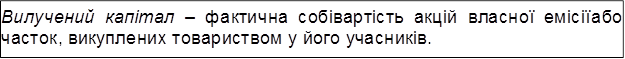 Вилучений капітал – фактична собівартість акцій власної емісії або часток, викуплених товариством у його учасників.