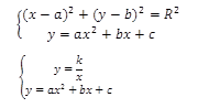 {█((x-a)^2+(y-b)^2=R^2@y=ax^2+bx+c)┤,{█(y=k/x@y=ax^2+bx+c)┤