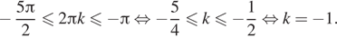 Описание:  минус дробь: числитель: 5 Пи , знаменатель: 2 конец дроби меньше или равно 2 Пи k меньше или равно минус Пи равносильно минус дробь: числитель: 5, знаменатель: 4 конец дроби меньше или равно k \leqslant минус дробь: числитель: 1, знаменатель: 2 конец дроби равносильно  k= минус 1.