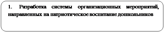 Скругленный прямоугольник: 1.	Разработка системы организационных мероприятий, направленных на патриотическое воспитание дошкольников