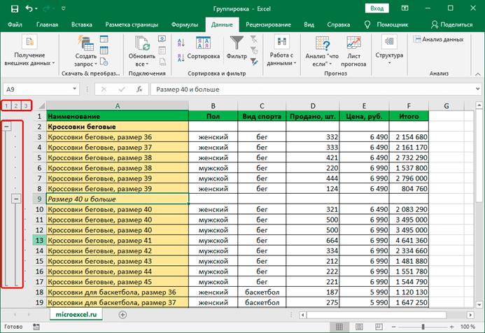 Многоуровневая группировка в Excel