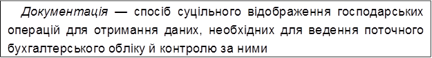 Документація — спосіб суцільного відображення господарських операцій для отримання даних, необхідних для ведення поточного бухгалтерського обліку й контролю за ними