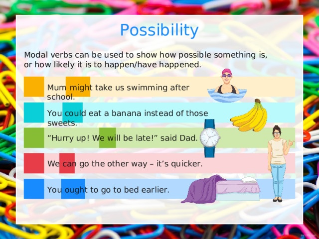 Possibility Modal verbs can be used to show how possible something is, or how likely it is to happen/have happened. Mum might take us swimming after school. You could eat a banana instead of those sweets. “ Hurry up! We will be late!” said Dad. We can go the other way – it’s quicker. You ought to go to bed earlier. 