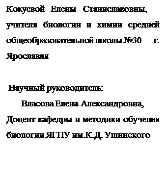 Надпись: Кокуевой   Елены   Станиславовны,
учителя биологии и химии средней общеобразовательной школы №30      г. Ярославля

 Научный руководитель:
Власова Елена Александровна,
Доцент кафедры и методики обучения биологии ЯГПУ им.К.Д. Ушинского

