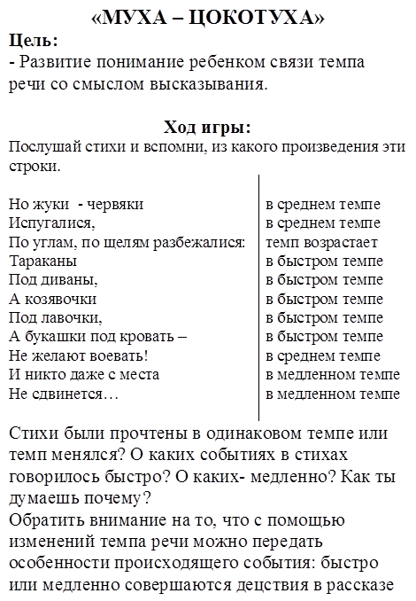 «МУХА – ЦОКОТУХА»
Цель:
- Развитие понимание ребенком связи темпа речи со смыслом высказывания.

Ход игры:
Послушай стихи и вспомни, из какого произведения эти строки.

Но жуки  - червяки
Испугалися,
По углам, по щелям разбежалися:
Тараканы
Под диваны,
А козявочки
Под лавочки,
А букашки под кровать –
Не желают воевать!
И никто даже с места
Не сдвинется…
	
в среднем темпе
в среднем темпе
темп возрастает
в быстром темпе
в быстром темпе
в быстром темпе
в быстром темпе
в быстром темпе
в среднем темпе
в медленном темпе
в медленном темпе
Стихи были прочтены в одинаковом темпе или темп менялся? О каких событиях в стихах говорилось быстро? О каких- медленно? Как ты думаешь почему?
Обратить внимание на то, что с помощью изменений темпа речи можно передать особенности происходящего события: быстро или медленно совершаются децствия в рассказе или стихотворении.
