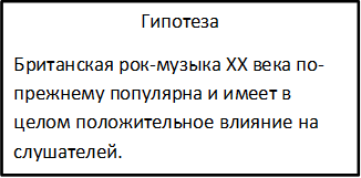 Гипотеза
Британская рок-музыка XX века по-прежнему популярна и имеет в целом положительное влияние на слушателей.










