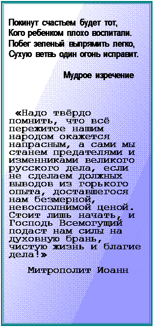 Text Box:   
Покинут счастьем будет тот,
Кого ребенком плохо воспитали.
Побег зеленый выпрямить легко,
Сухую ветвь один огонь исправит.
                         
                        Мудрое изречение


 «Надо твёрдо помнить, что всё пережитое нашим народом окажется напрасным, а сами мы станем предателями и изменниками великого русского дела, если не сделаем должных выводов из горького опыта, доставшегося нам безмерной, невосполнимой ценой. Стоит лишь начать, и Господь Всемогущий подаст нам силы на духовную брань, чистую жизнь и благие дела!»
   Митрополит Иоанн



