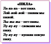 Надпись: «ПИЛА»
Ла-ла-ла – вот пила.
Лой-лой-лой – пилим мы пилой.
Лы-лы-лы – нет пилы.
Лу-лу-лу – сломали мы пилу.
Лу-лу-лу – купили новую пилу.
