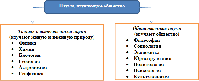 Науки, изучающие общество,Точные и естественные науки
(изучают живую и неживую природу)
•	Физика
•	Химия
•	Биология
•	Геология
•	Астрономия
•	Геофизика
,Общественные науки
(изучают общество)
•	Философия
•	Социология
•	Экономика
•	Юриспруденция
•	Политология
•	Психология
•	Культурология
