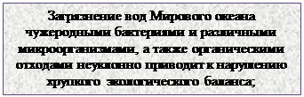 Надпись: Загрязнение вод Мирового океана чужеродными бактериями и различными микроорганизмами, а также органическими отходами неуклонно приводит к нарушению хрупкого экологического баланса;