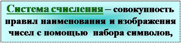 Надпись: Система счисления – совокупность правил наименования и изображения чисел с помощью  набора символов, называемых цифрами.

