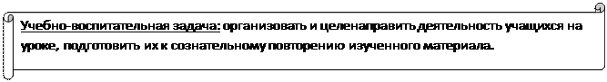 Горизонтальный свиток: Учебно-воспитательная задача: организовать и целенаправить деятельность учащихся на уроке, подготовить их к сознательному повторению изученного материала.