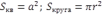 S_кв=a^2; S_круга=〖πr〗^2