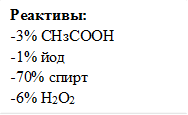 Реактивы:
-3% СНзСООН
-1% йод
-70% спирт
-6% H2O2

