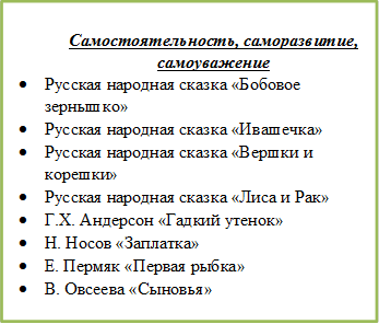 Самостоятельность, саморазвитие, самоуважение
•	Русская народная сказка «Бобовое зернышко»
•	Русская народная сказка «Ивашечка»
•	Русская народная сказка «Вершки и корешки»
•	Русская народная сказка «Лиса и Рак»
•	Г.Х. Андерсон «Гадкий утенок»
•	Н. Носов «Заплатка»
•	Е. Пермяк «Первая рыбка»
•	В. Овсеева «Сыновья»

