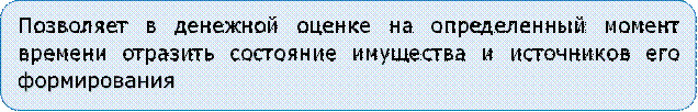 Позволяет в денежной оценке на определенный момент времени отразить состояние имущества и источников его формирования

