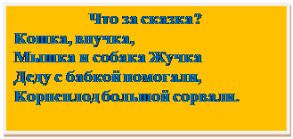 Надпись:                   Что за сказка?
Кошка, внучка,
Мышка и собака Жучка
Деду с бабкой помогали,
Корнеплод большой сорвали.
