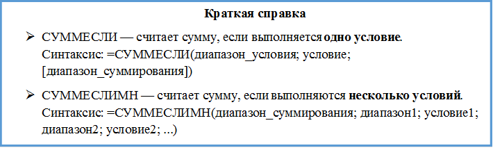 Краткая справка
Ø	СУММЕСЛИ — считает сумму, если выполняется одно условие.
Синтаксис: =СУММЕСЛИ(диапазон_условия; условие; [диапазон_суммирования])
Ø	СУММЕСЛИМН — считает сумму, если выполняются несколько условий.
Синтаксис: =СУММЕСЛИМН(диапазон_суммирования; диапазон1; условие1; диапазон2; условие2; ...)

