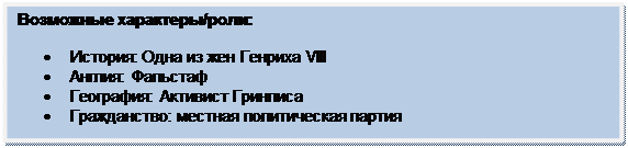 Скругленный прямоугольник: Возможные характеры/роли:
•	История: Одна из жен Генриха VIII
•	Англия: Фальстаф
•	География: Активист Гринписа
•	Гражданство: местная политическая партия 
