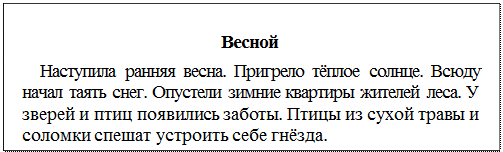 Надпись: Весной
Наступила ранняя весна. Пригрело тёплое солнце. Всюду начал таять снег. Опустели зимние квартиры жителей леса. У зверей и птиц появились заботы. Птицы из сухой травы и соломки спешат устроить себе гнёзда.
